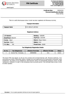 KRA PIN Certificate CTC Group Ltd Kenya